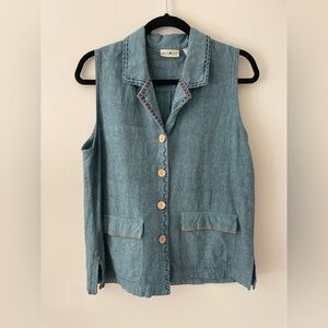 90s VTG Blue Linen Blend Blend Cottage Boho Coastal Grandma Sleeveless Blouse L